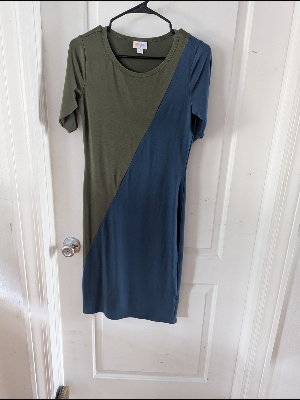 LuLaRoe Olive and Teal Colorblock Midi Dress